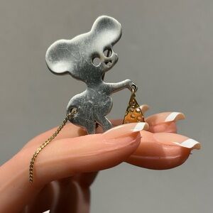 Vintage Mouse with a piece of cheese Brooch - Whimsical Mixed Metal Pin